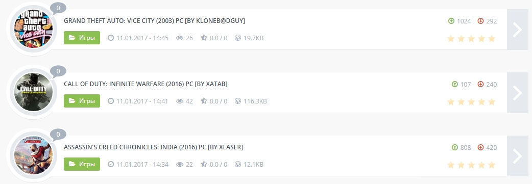 Компактный вид материалов торрент сайта